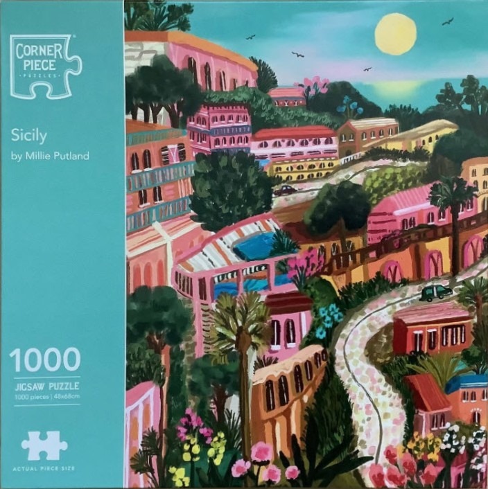 An illustration of a sun-drenched Sicilian hillside town with terraced buildings, winding roads, and lush gardens.