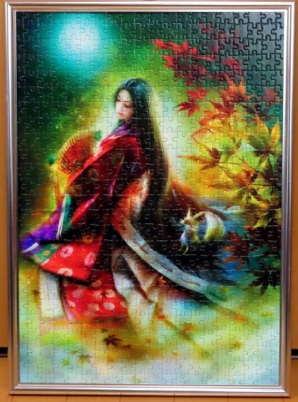 An ethereal illustration of a Japanese woman in a vibrant red kimono surrounded by autumn leaves and glowing light.