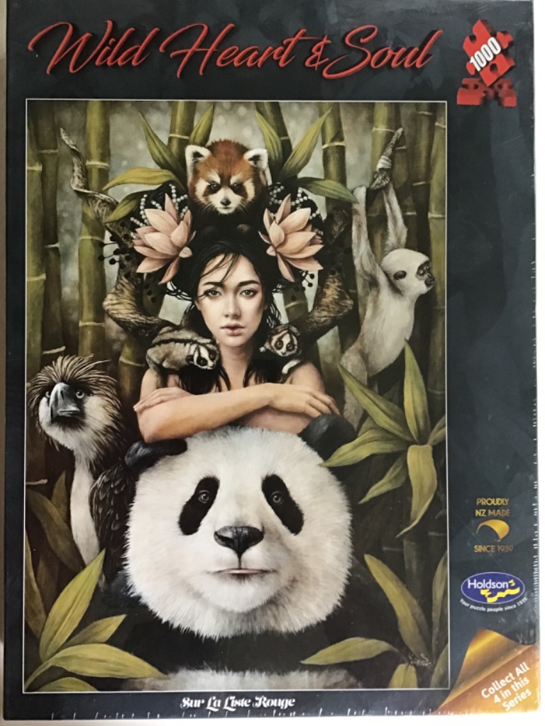 A digital painting of a woman surrounded by exotic animals including a panda, red panda, and eagle within a bamboo forest.