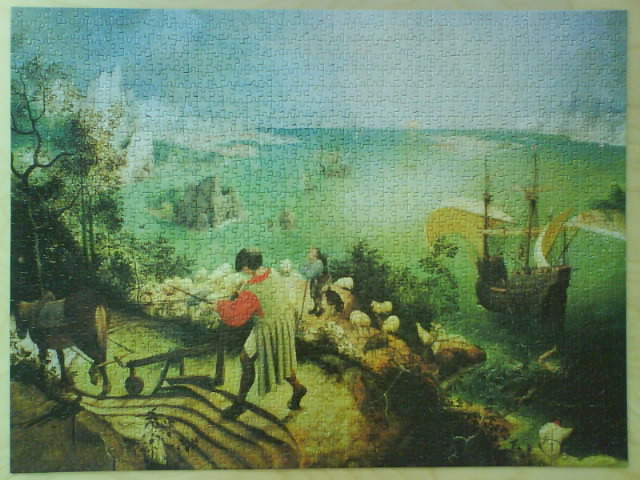 A reproduction of Bruegel’s Landscape with the Fall of Icarus showing a farmer plowing fields near a coastal bay.