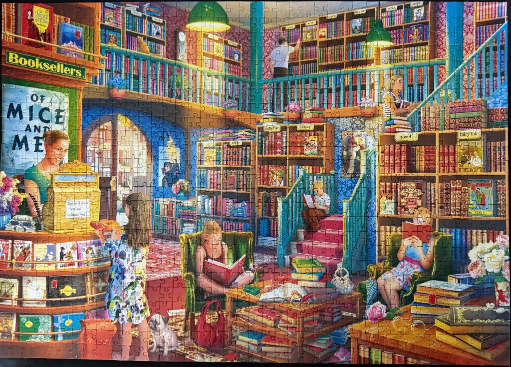 A vibrant, multi-level bookstore scene with readers, bookshelves, and a cozy atmosphere.