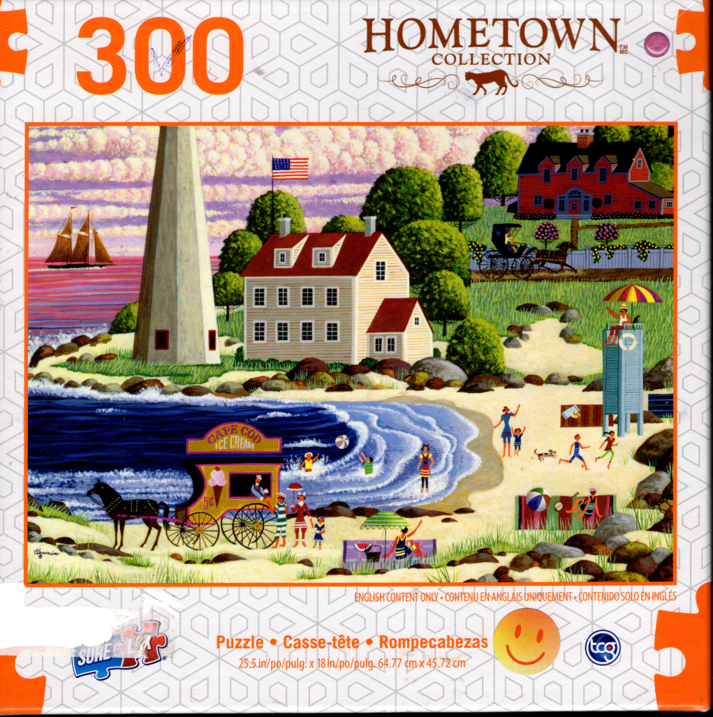 A folk-art style seaside scene with a lighthouse, a horse-drawn ice cream cart, and people enjoying a summer beach.