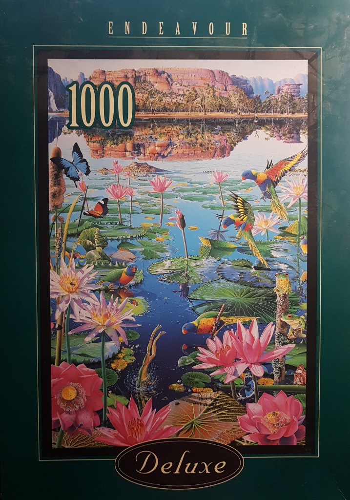 A vibrant pond scene featuring blooming pink lotus flowers, colourful parrots, frogs, and butterflies.
