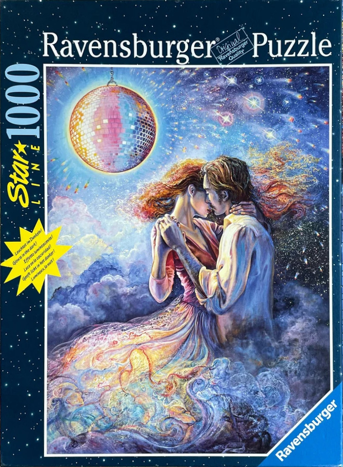 A romantic couple dancing in a dreamlike, cosmic setting under a glowing disco ball.