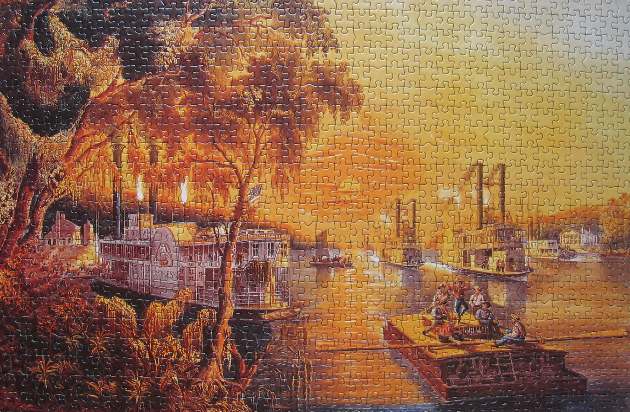 Riverboat scene at sunset with steamships on a river and people on a wooden raft in the foreground.