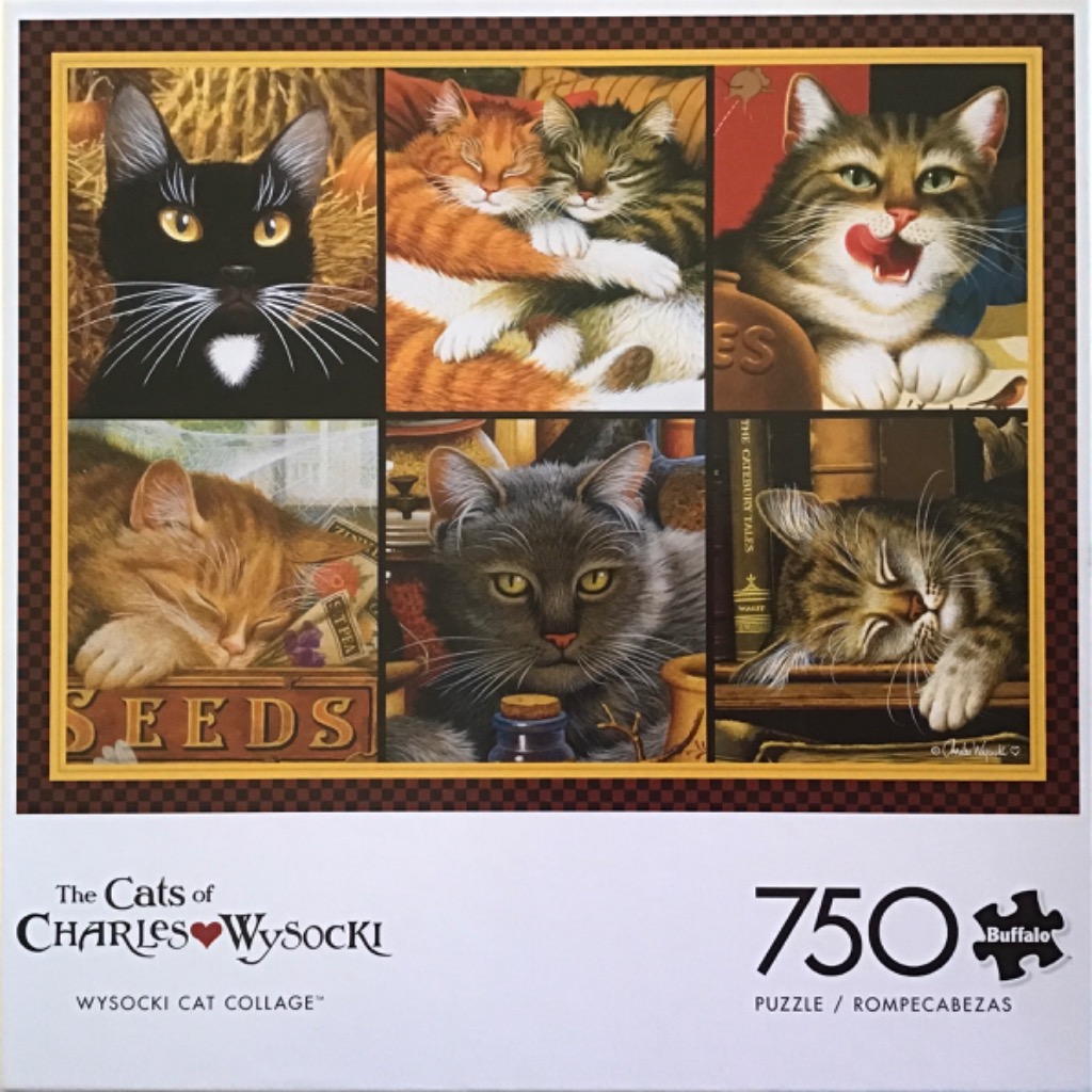 A collage of six painted portraits of cats in various sleeping and playful poses.