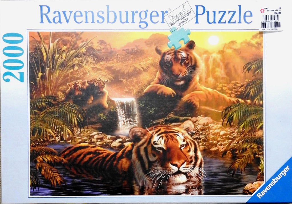 A tiger resting in a stream with two cubs and a parent tiger by a waterfall in a glowing golden jungle sunset.