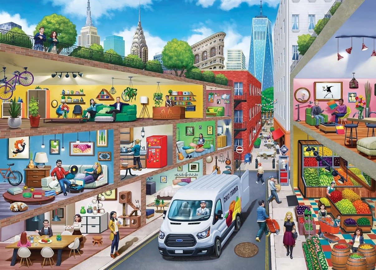 A cutaway illustration of a bustling city street with apartment interiors and a fresh produce market.