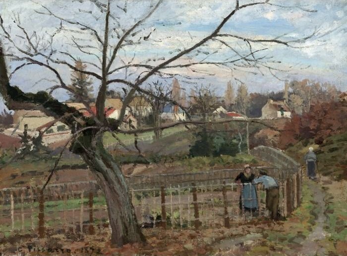 An impressionist painting of a village scene with a bare tree in the foreground and figures along a fence.