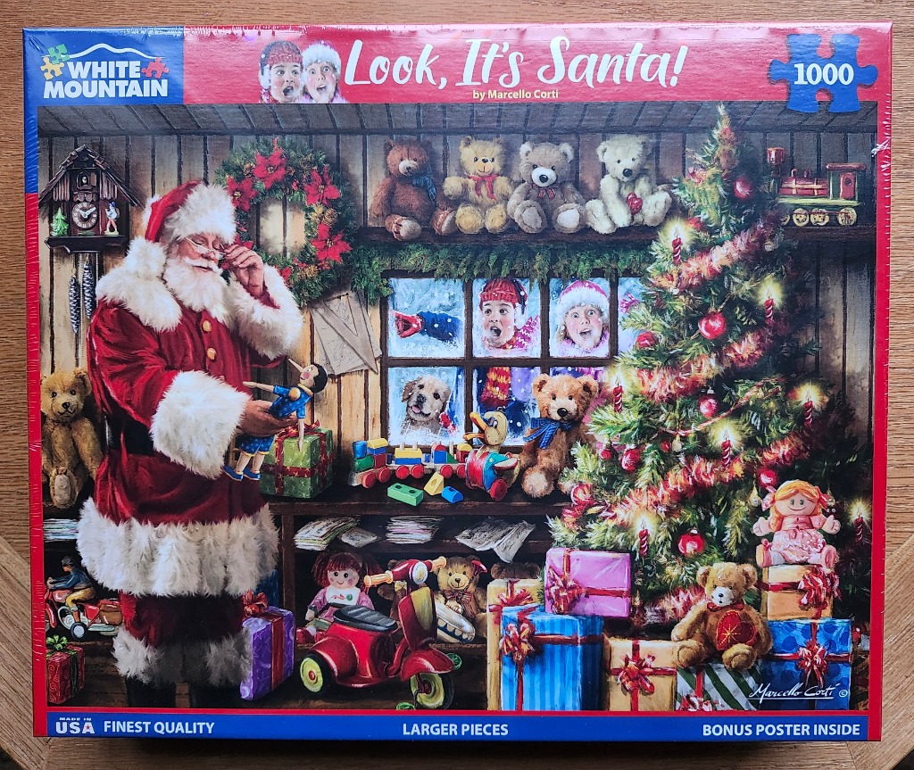 Santa Claus admiring a wooden puppet in a workshop filled with Christmas toys and a decorated tree.