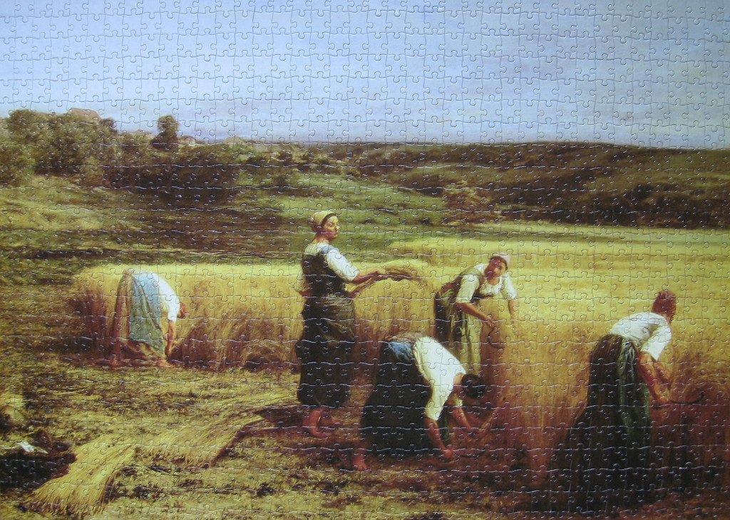 A painting of four women harvesting wheat in a rural field under a pale sky.
