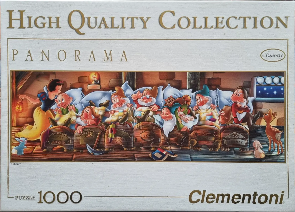 Snow White tucking the seven dwarfs into bed in a cozy wooden room