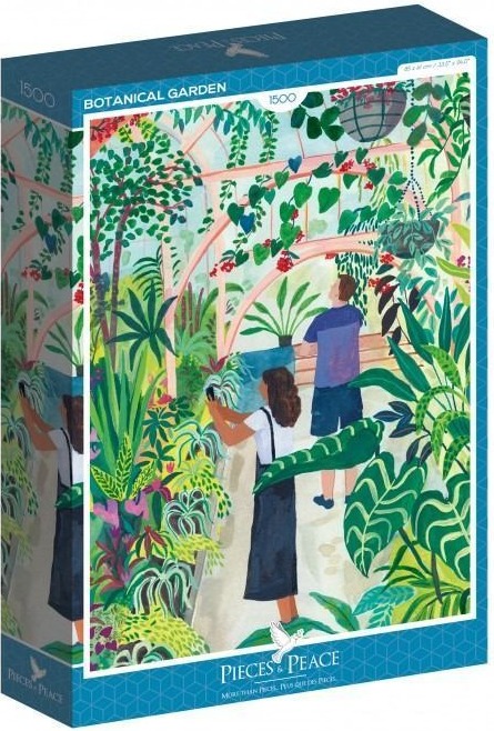 Two people exploring a lush indoor botanical garden filled with diverse green plants and hanging baskets.