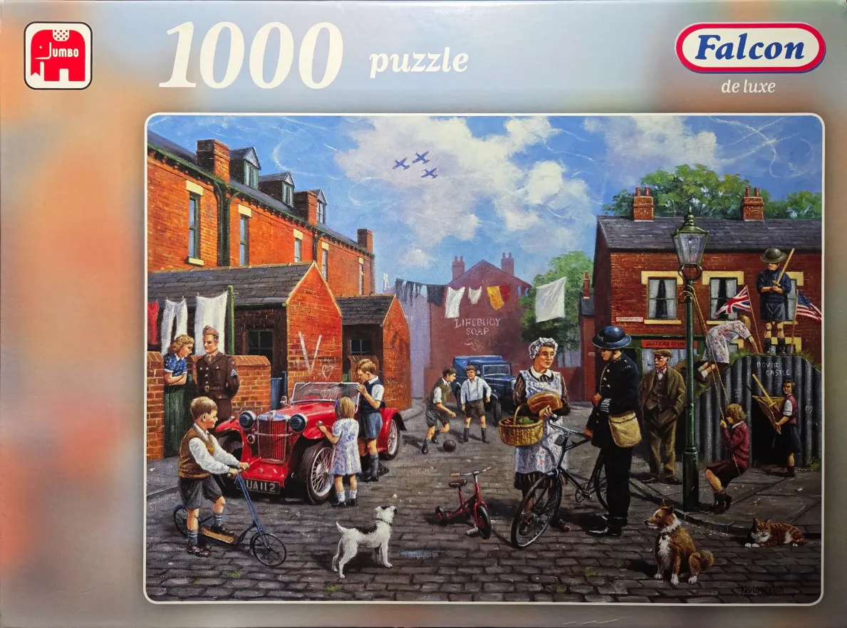 A vintage street scene with a red MG car, people in 1940s attire, and children playing during the wartime era.
