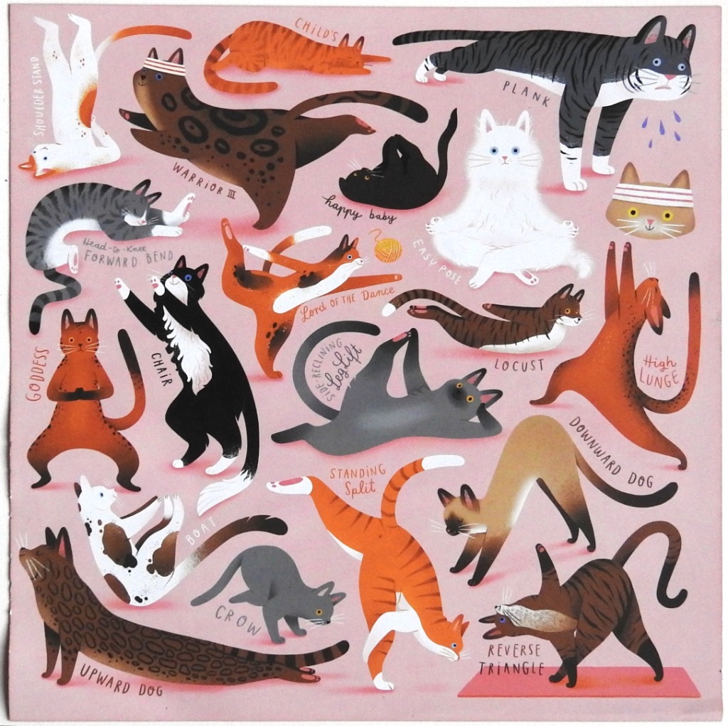 A variety of cartoon cats demonstrating various yoga poses against a dusty rose background.