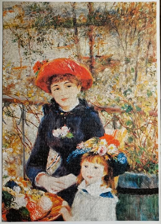Impressionist painting of a woman in a red hat and a young girl in a floral hat sitting outdoors