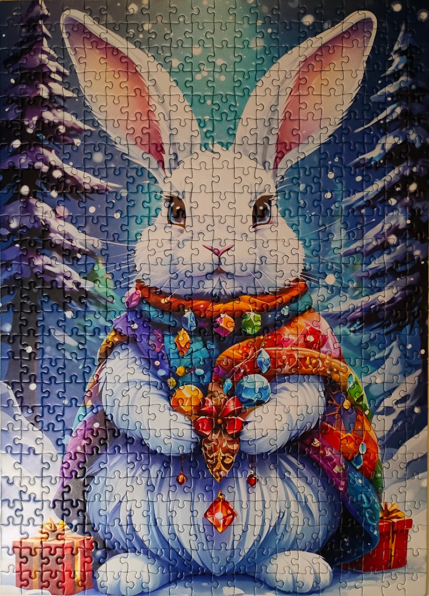 A whimsical white rabbit wearing a colorful gemstone-decorated scarf in a snowy forest at night.