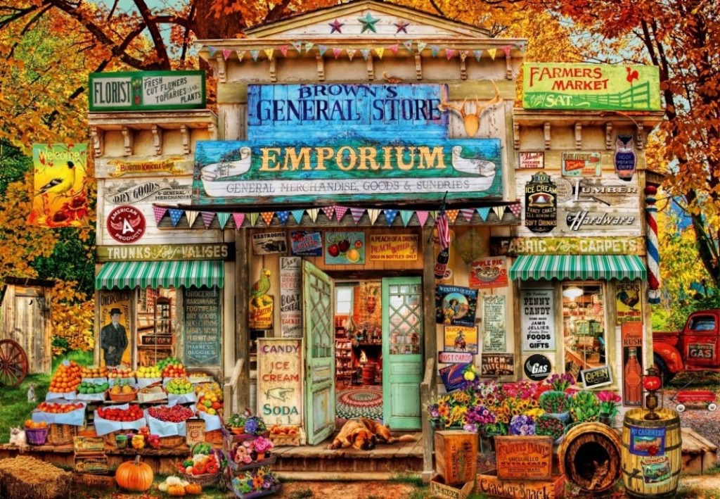 A detailed storefront of a country general store surrounded by autumn trees and produce displays.