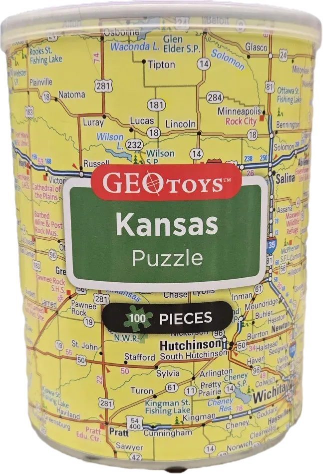 A cylindrical map-themed container featuring a road map of Kansas.
