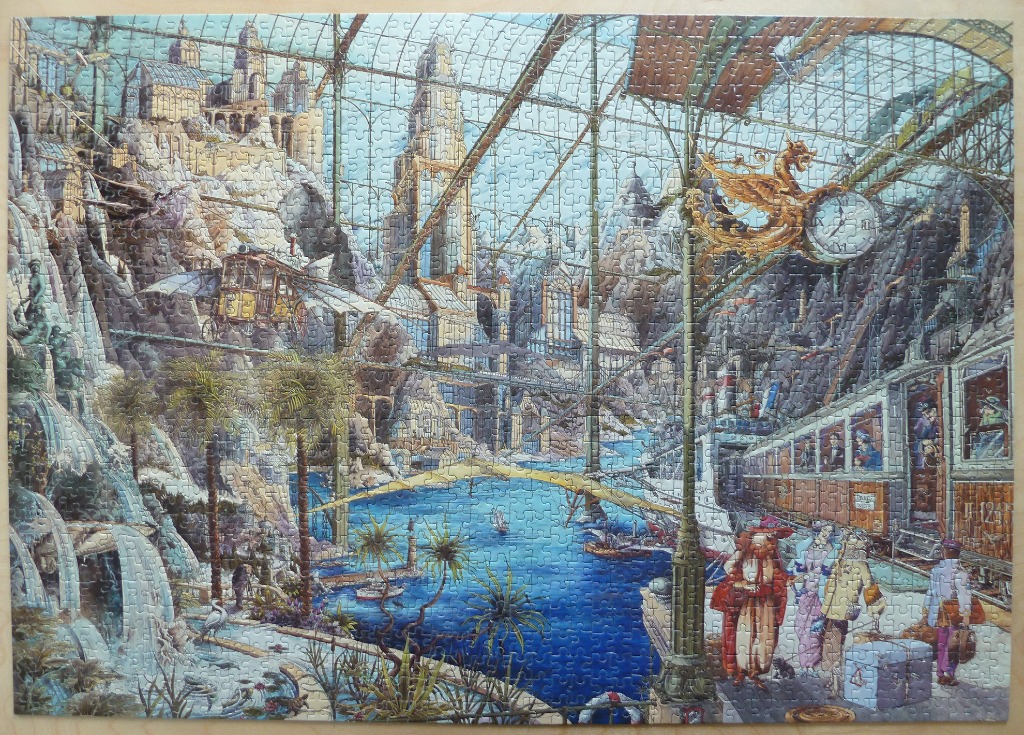 An intricate steampunk-style illustration of a bustling indoor transit station featuring a clock, train, and flying vehicle.