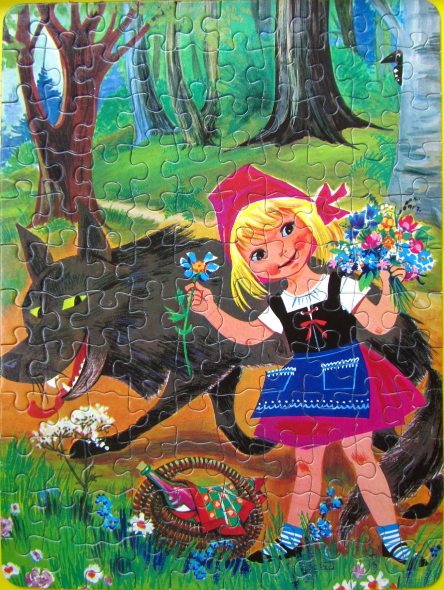 Illustration of Little Red Riding Hood with a wolf in a forest