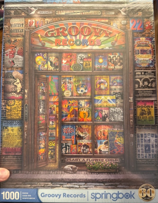 Storefront of Groovy Records covered in vintage 1960s psychedelic rock music posters