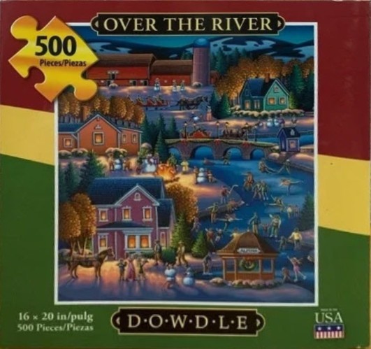 Winter scene of a village by a frozen river with ice skaters, horse-drawn carriages, and warm house lights at twilight.