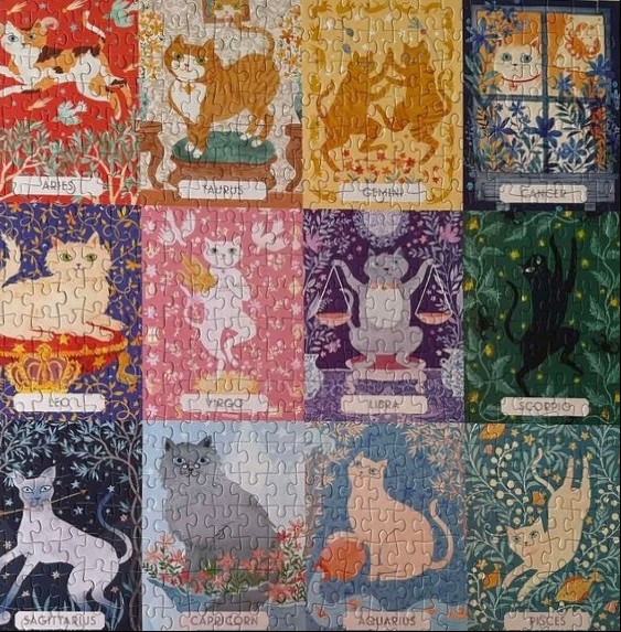 A grid of twelve stylized cat illustrations, each representing a sign of the zodiac.