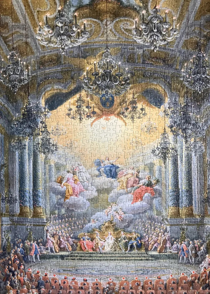 A theatrical painting of a grand 18th-century ballroom with chandeliers and figures on a stage.