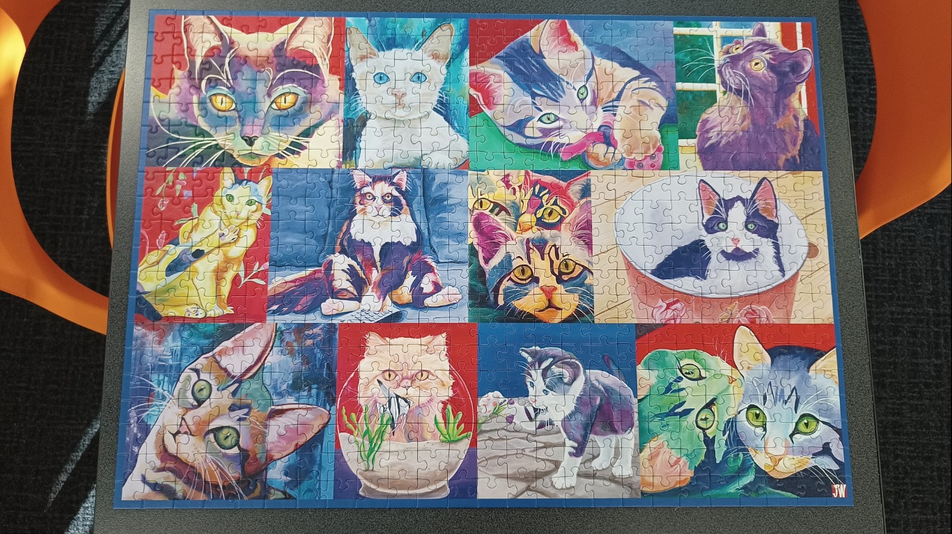 A collage of 12 distinct, vibrantly coloured painted portraits of various domestic cats.