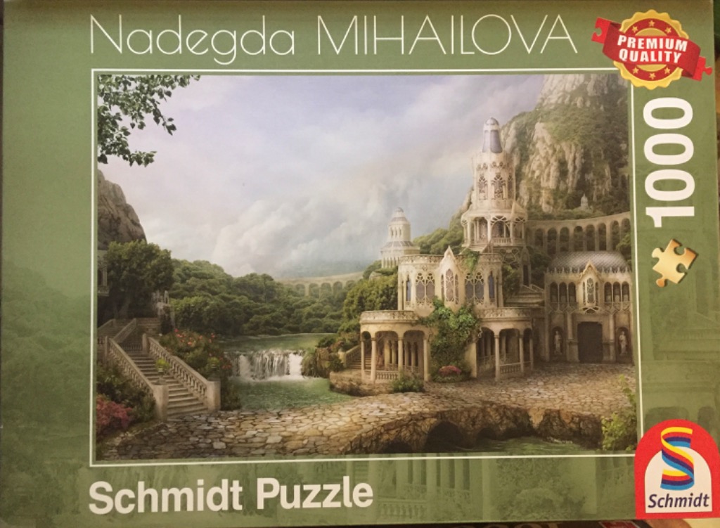 A fantasy illustration of a white stone castle nestled in a verdant valley with a small waterfall.
