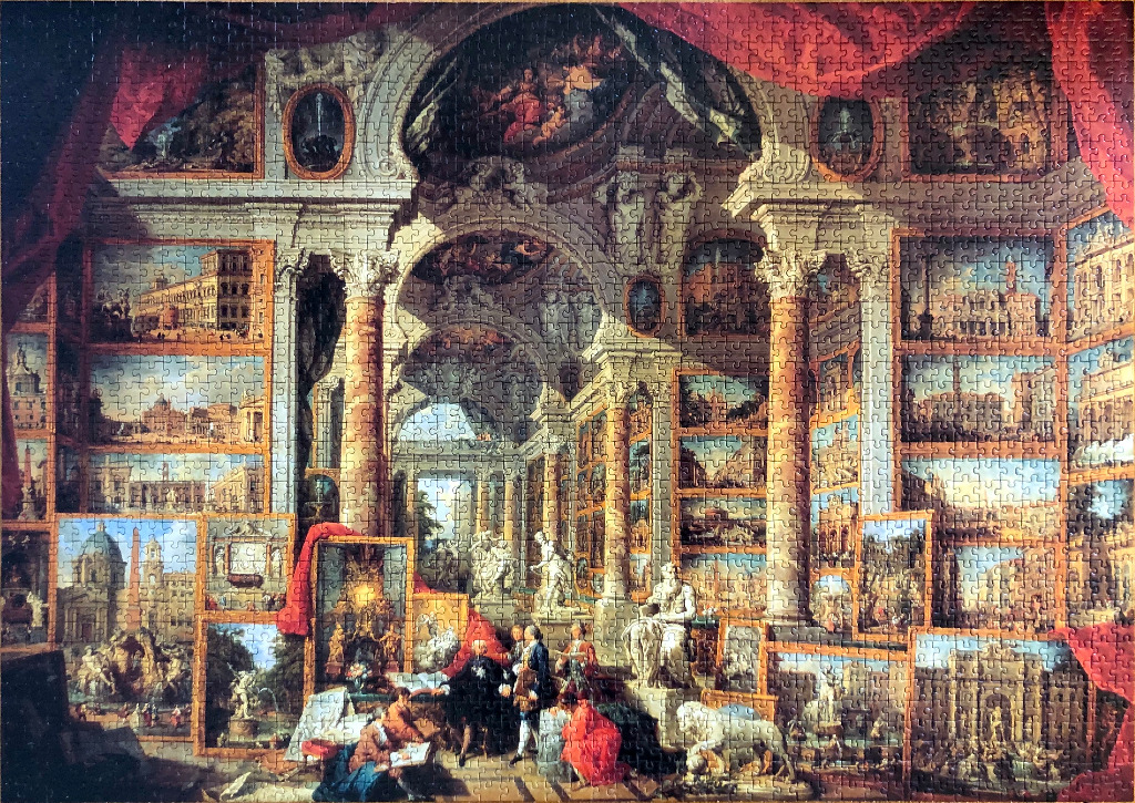 An 18th-century painting depicting a grand gallery filled with numerous framed views of Roman architecture.
