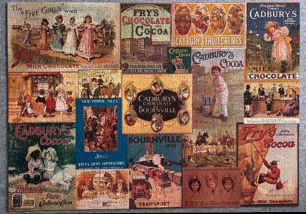 A collage of vintage chocolate advertisements featuring Edwardian-style illustrations and historical product branding.
