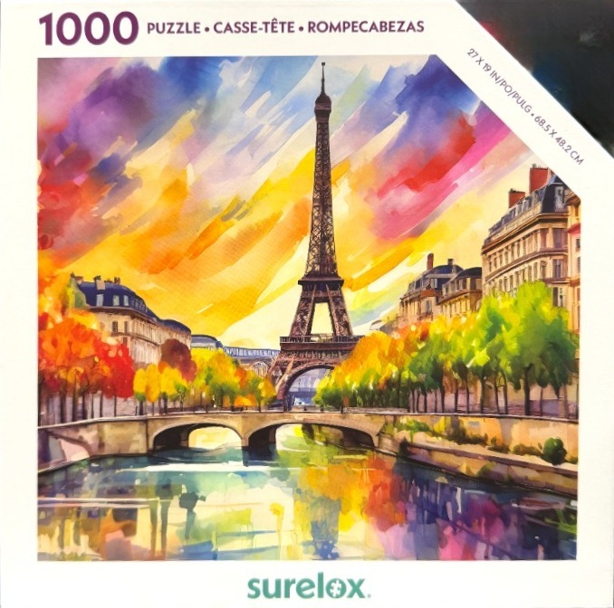 Watercolor-style painting of the Eiffel Tower over the Seine River at sunset with vibrant orange and purple clouds.