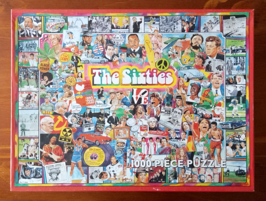 A collage of 1960s cultural icons, political figures, and historical events.