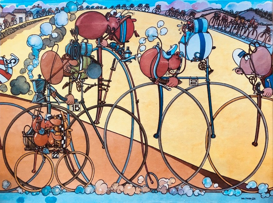 Cartoon illustration of a chaotic bicycle race with exaggerated characters and vintage-style cycles.