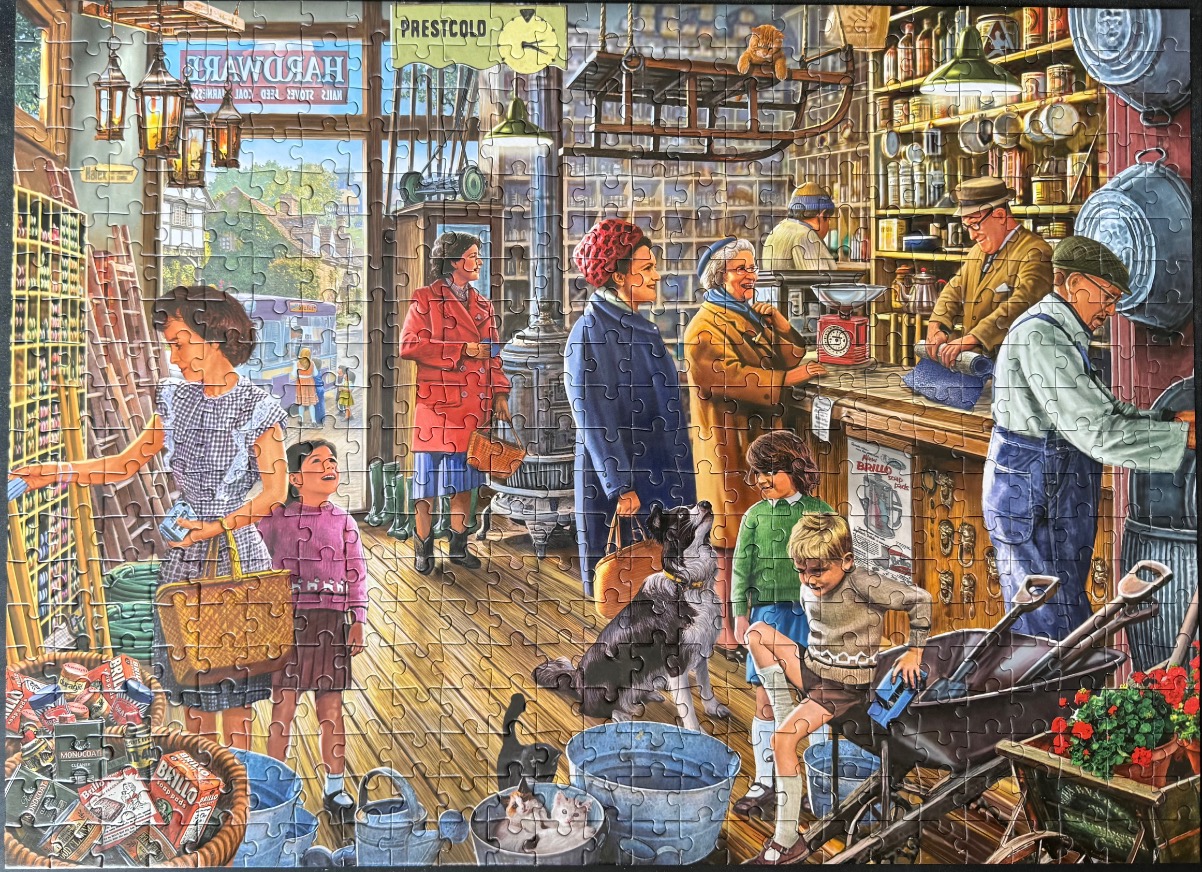 A detailed nostalgic illustration of a bustling vintage hardware store interior filled with customers and merchandise.