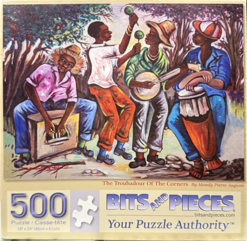 Painting of four men playing musical instruments in a shaded outdoor setting.
