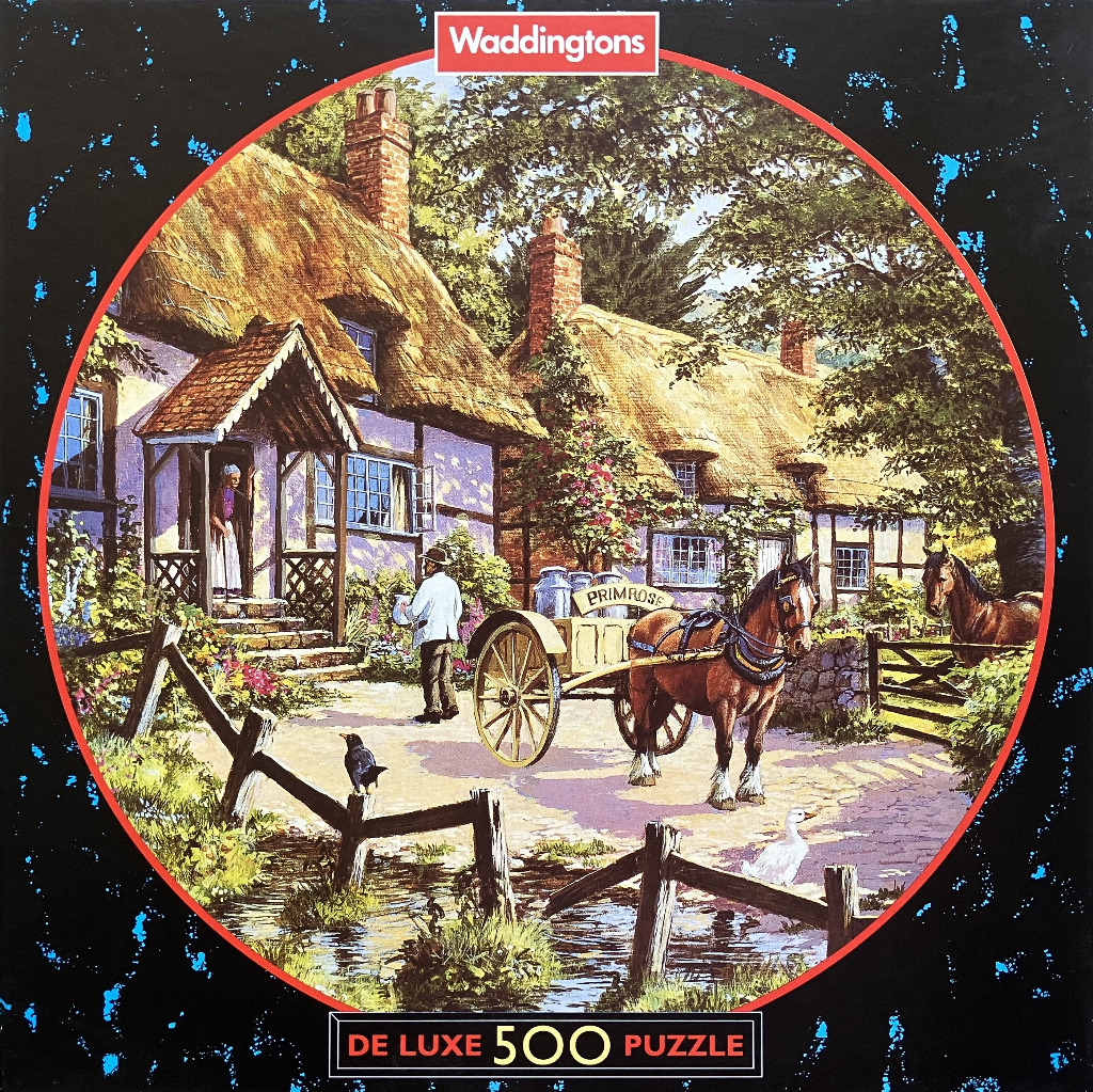 Painting of a horse-drawn milk cart outside of traditional English thatched cottages.