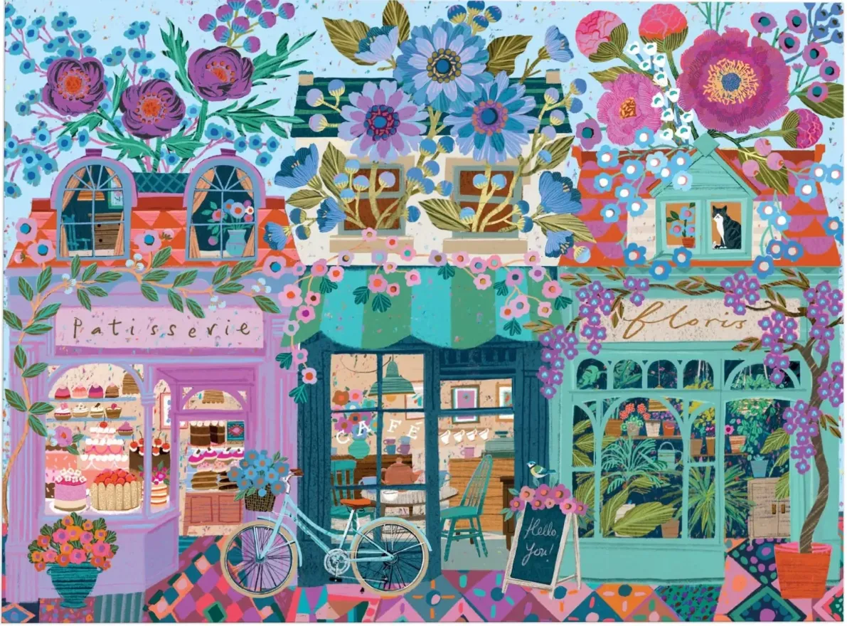 Three charming colorful storefronts in an illustration filled with large, vibrant flowers.