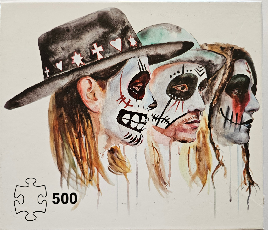 Watercolor painting of three people in profile wearing intricate Day of the Dead style face makeup and hats.