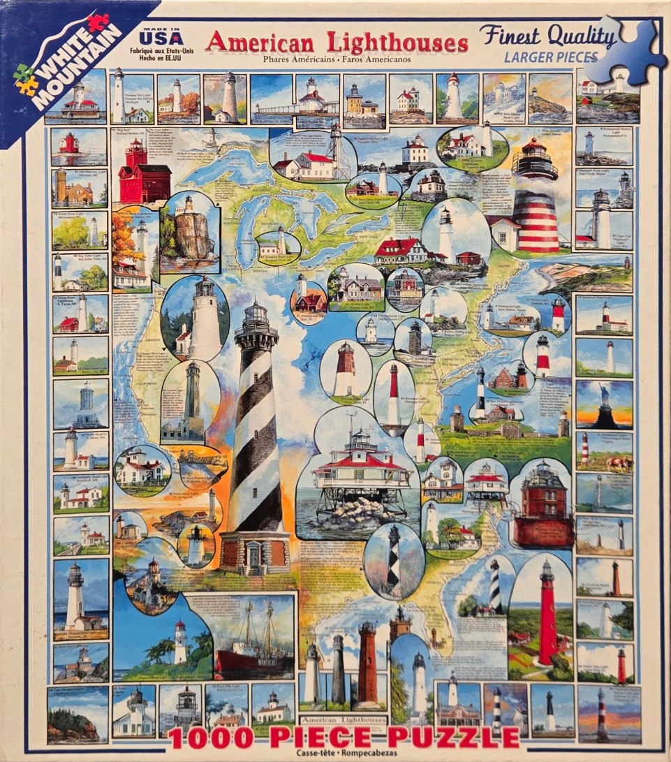 Collage of numerous lighthouses across the United States superimposed over a map of the country.