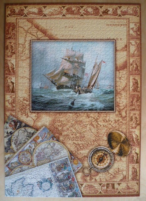 A maritime scene featuring a sailing ship in a frame over an antique map with a compass and layered chart edges.