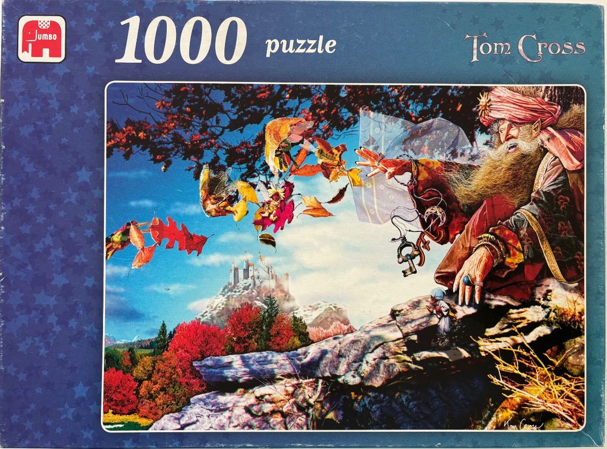 A fantasy illustration of a bearded wizard casting a spell toward a distant castle surrounded by autumn foliage.