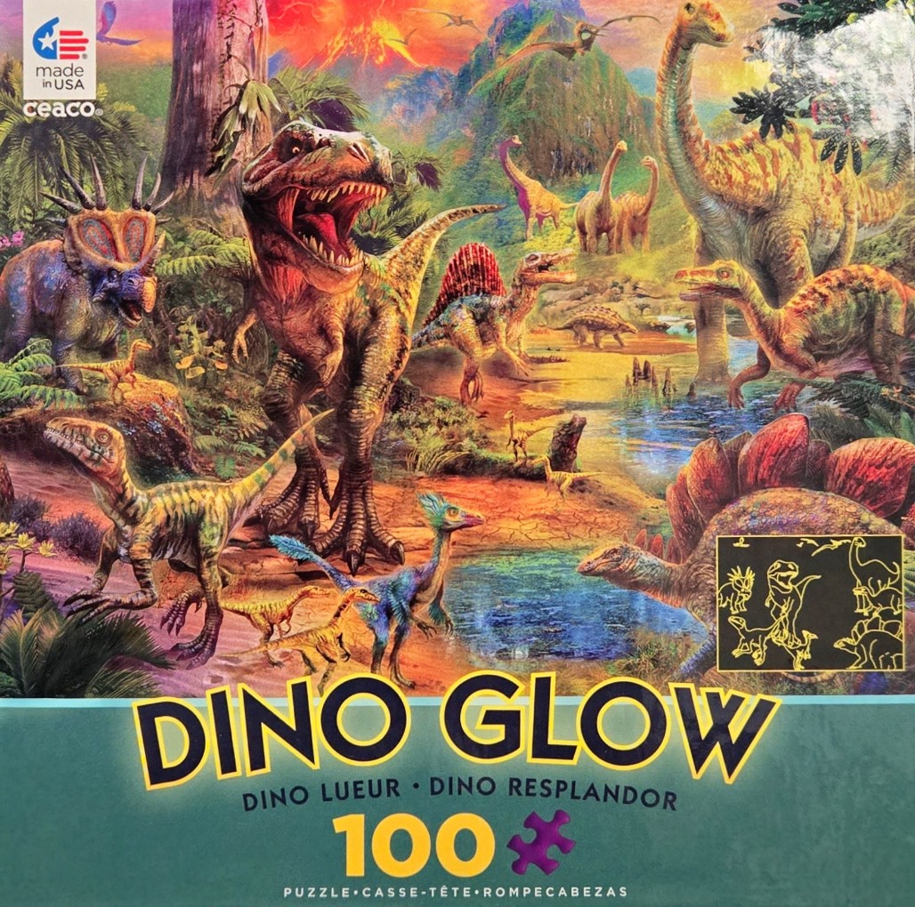 Vibrant prehistoric jungle scene featuring a Tyrannosaurus Rex, long-necked dinosaurs, and other dinos in a volcanic landscap