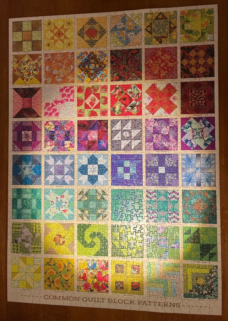 A collection of quilt block patterns arranged in a grid with the title Common Quilt Block Patterns at the bottom.