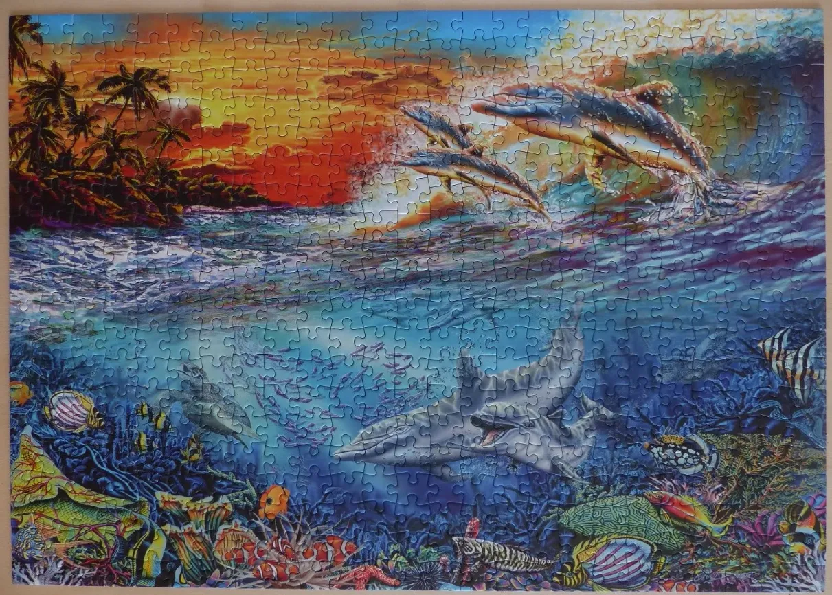 A tropical sunset scene split between a dolphin-filled ocean surface and a vibrant, colorful coral reef below.