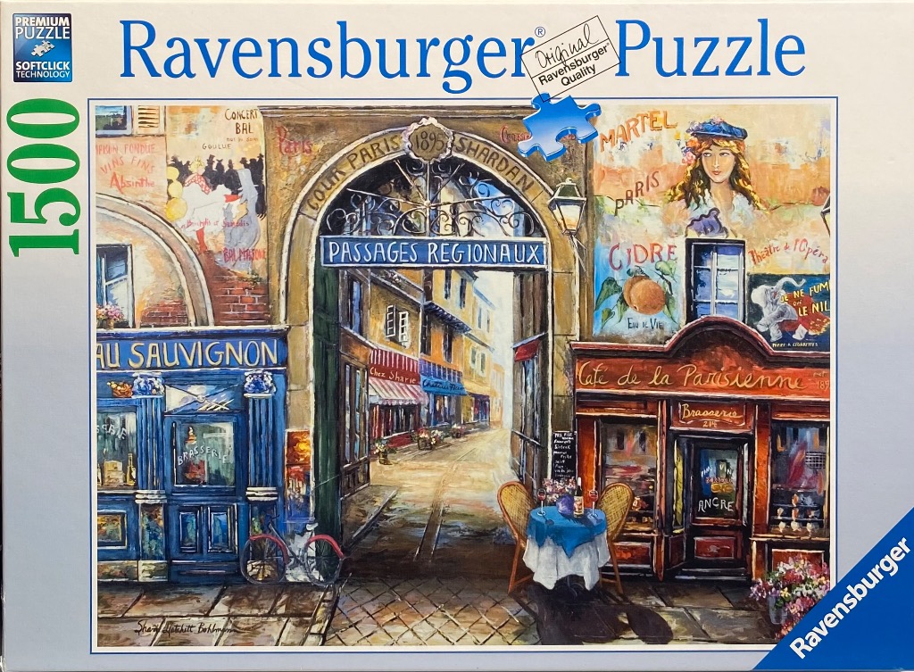 An oil-style painting of a charming Parisian street scene with an arched passageway, cafes, and vintage advertisements.