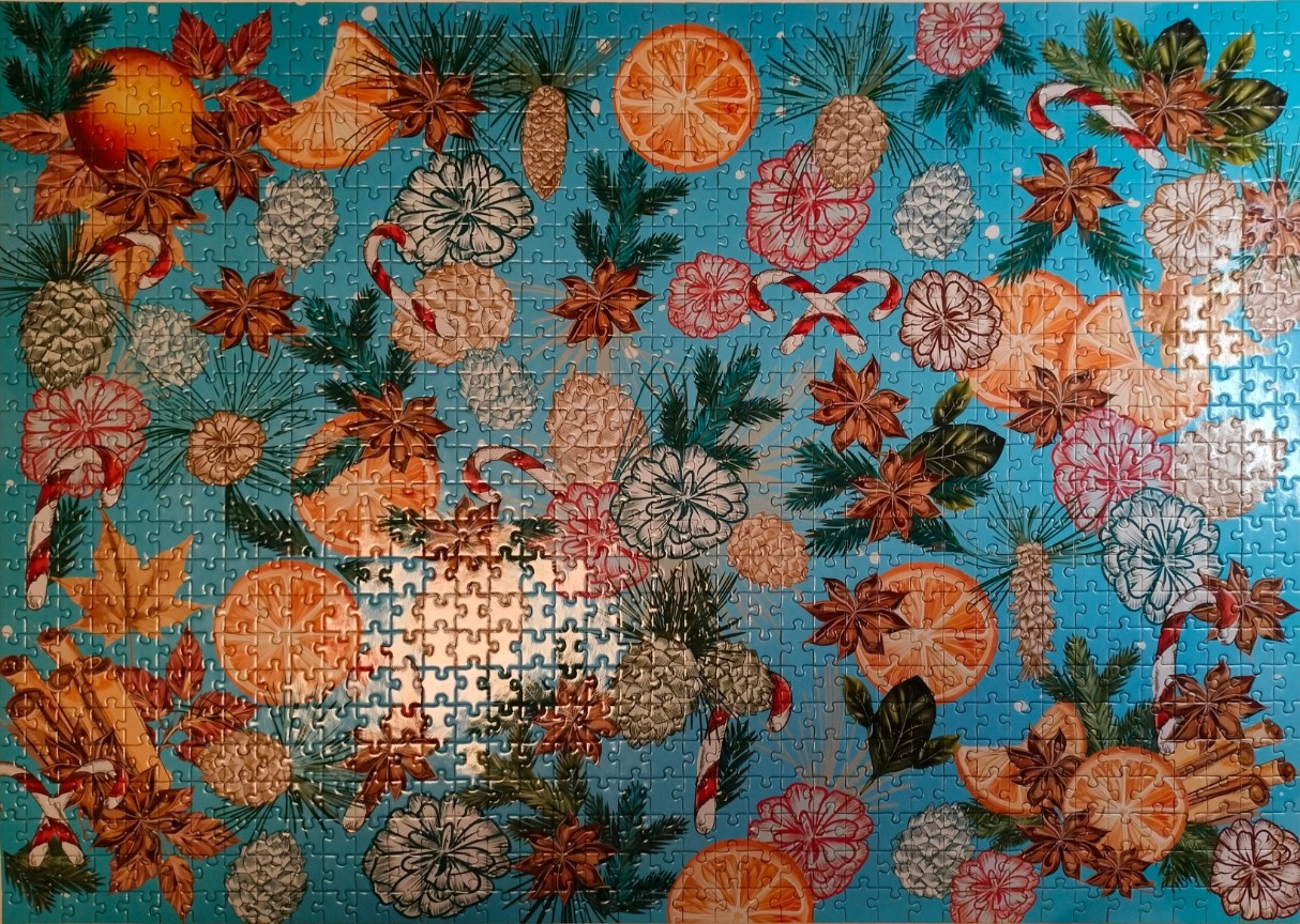 A vibrant holiday-themed illustration featuring scattered orange slices, star anise, pinecones, and candy canes on blue.