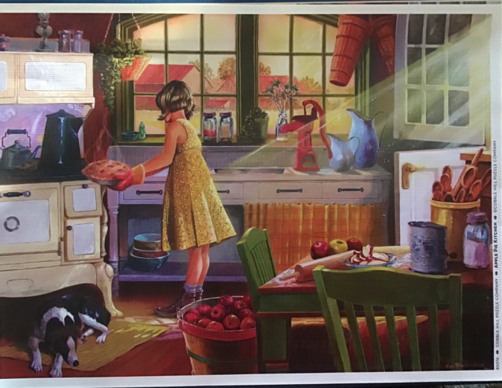A young girl in a yellow dress baking an apple pie in a rustic, sunlit kitchen.